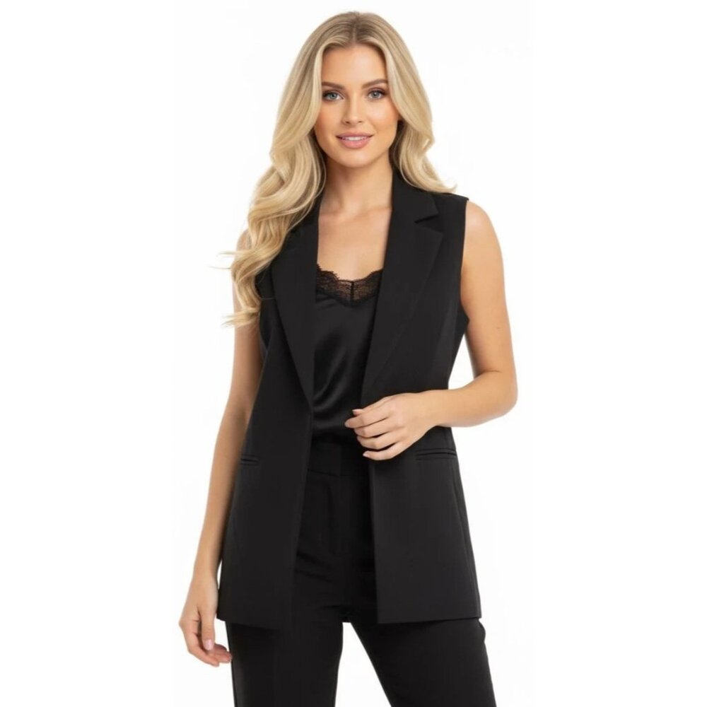 New Savile Row Co London Black Longline Sleeveless Open Blazer Vest